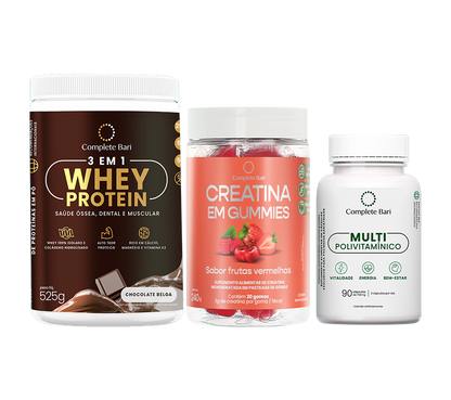 Kit Creatina em Gummies Frutas Vermelhas + 1 Multivitamínico + 1 Whey Isolado Chocolate Belga