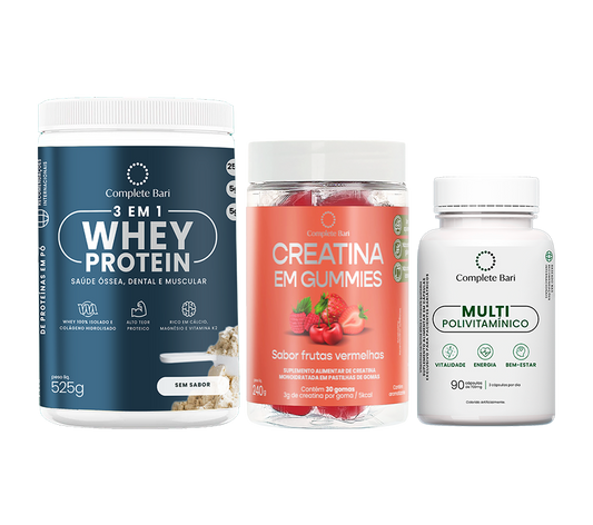 Kit Creatina em Gummies Frutas Vermelhas + 1 Multivitamínico + 1 Whey Isolado Neutro