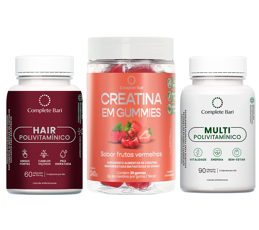 Kit Creatina em Gummies Frutas Vermelhas + 1 Multivitamínico + 1 Polivitaminico Cabelos e Unhas