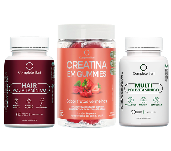 Kit Creatina em Gummies Frutas Vermelhas + Multivitamínico + Polivitamínico Cabelo e Unhas