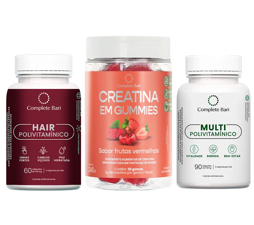 Kit Creatina em Gummies Frutas Vermelhas + Multivitamínico + Polivitamínico Cabelo e Unhas