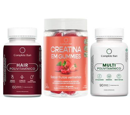 Kit Creatina em Gummies Frutas Vermelhas + Multivitamínico + Polivitamínico Cabelo e Unhas