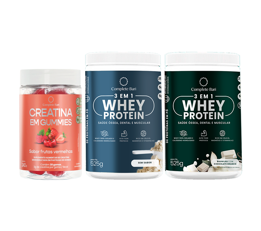 Kit Creatina em Gummies Frutas Vermelhas + 1 Whey Isolado Baunilha com Chocolate  + 1 Whey Isolado Neutro
