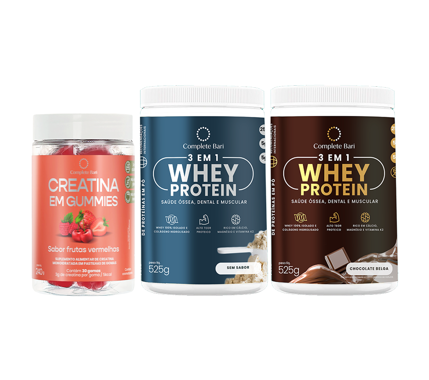 Kit Creatina em Gummies Frutas Vermelhas + 1 Whey Isolado Neutro + 1 Whey Isolado Chocolate Belga