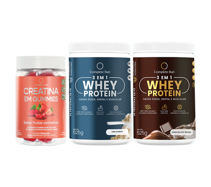 Kit Creatina em Gummies Frutas Vermelhas + 1 Whey Isolado Neutro + 1 Whey Isolado Chocolate Belga