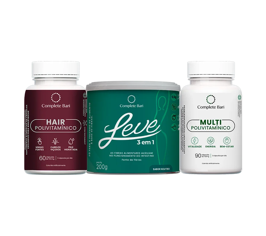 Kit 1 LEVE 3 em 1® Contra Reganho de Peso + 1 Multivitamínico + 1 Polivitaminico Cabelos e Unhas Complete Bari