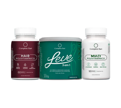 Kit 1 LEVE 3 em 1® Contra Reganho de Peso + 1 Multivitamínico + 1 Polivitaminico Cabelos e Unhas Complete Bari
