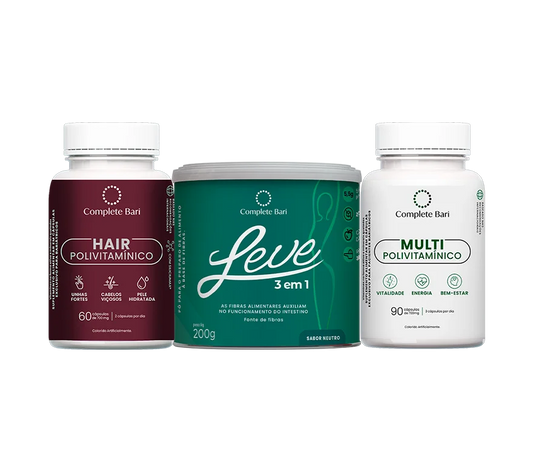 Kit 1 LEVE 3 em 1® Contra Reganho de Peso + 1 Multivitamínico + 1 Polivitaminico Cabelos e Unhas Complete Bari