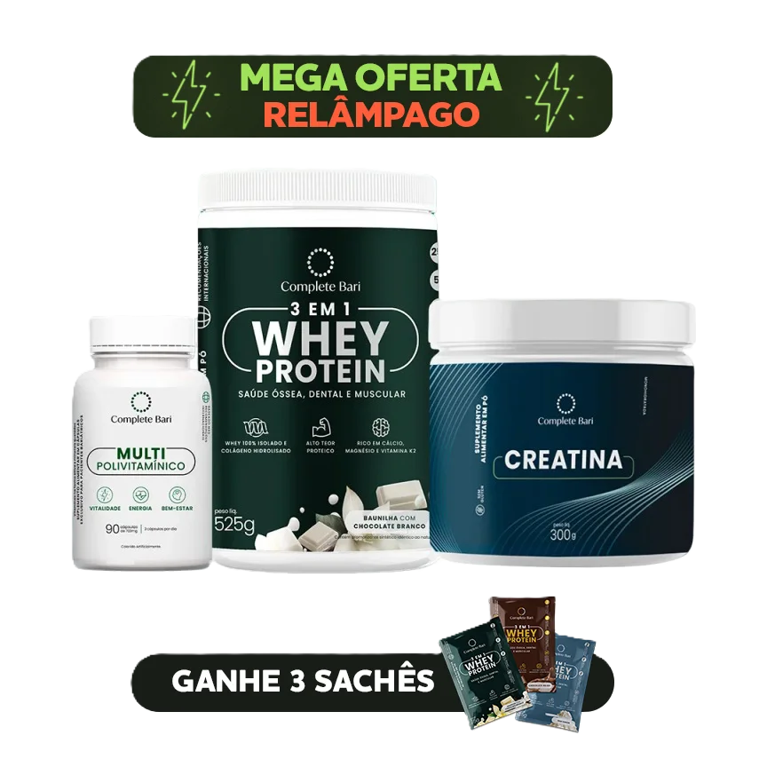 Kit 1 Multi + 1 Whey Isolado Baunilha com Chocolate + 1 Creatina Complete Bari