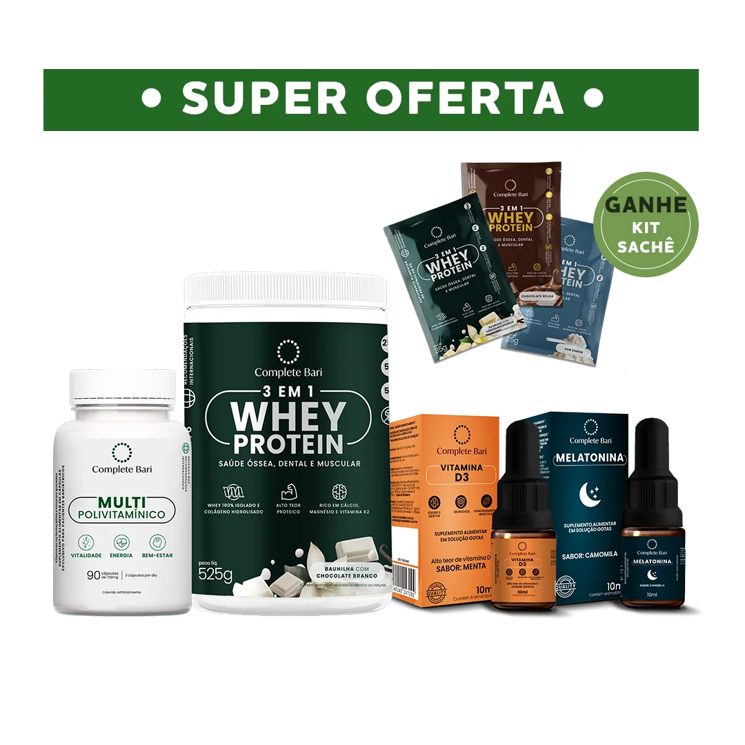 Kit 1 Multi + 1 Whey Isolado Baunilha com Chocolate + 1 Vitamina D3 + 1 Melatonina Complete Bari