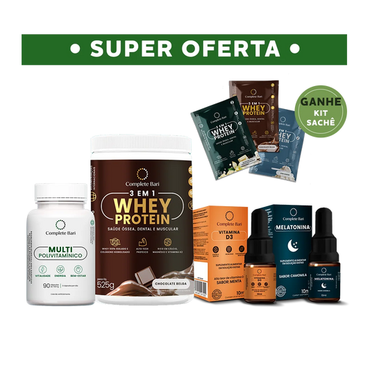 Kit 1 Multi + 1 Whey Isolado Chocolate Belga + 1 Vitamina D3 + 1 Melatonina Complete Bari