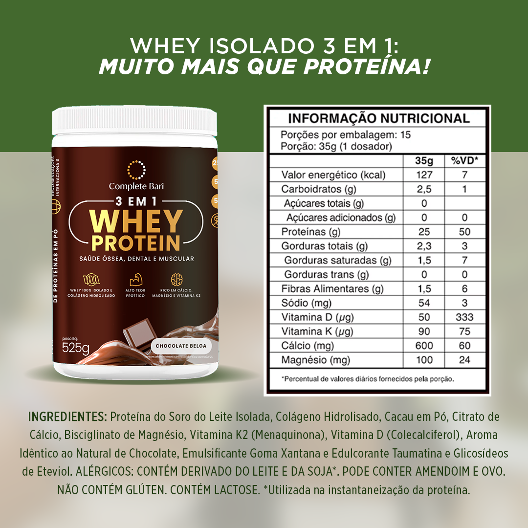 Kit 1 Multi + 1 Polivitaminico Cabelos e Unhas + 1 Whey Isolado Chocolate Belga + 1 Lib Energy + 1 Creatina Complete Bari