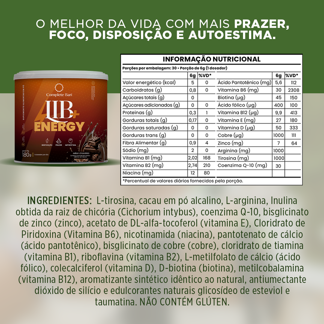 Kit 1 Multi + 1 Polivitaminico Cabelos e Unhas + 1 Whey Isolado Chocolate Belga + 1 Lib Energy + 1 Creatina Complete Bari