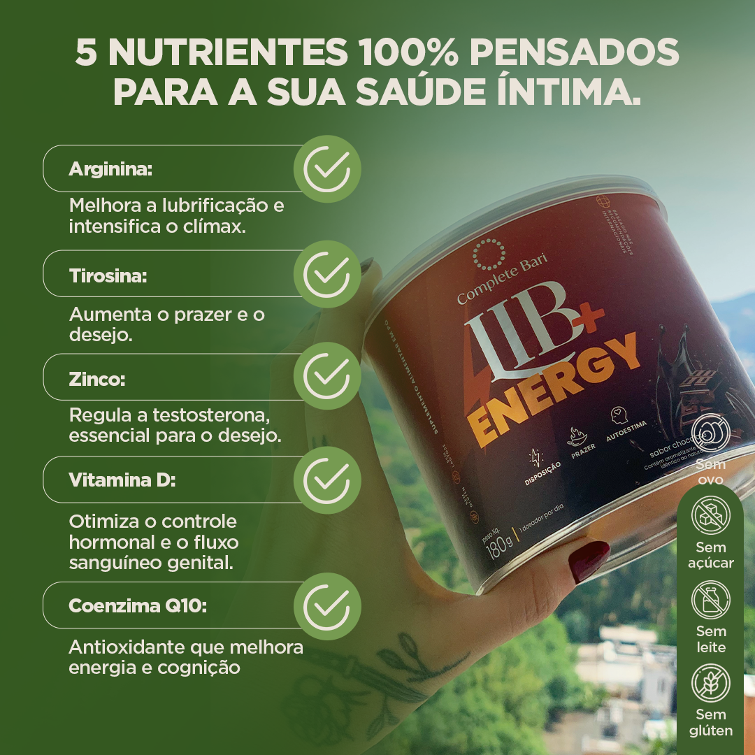 Lib + Energy Sabor Chocolate 180g Complete Bari - Tirosina Arginina CQ10.